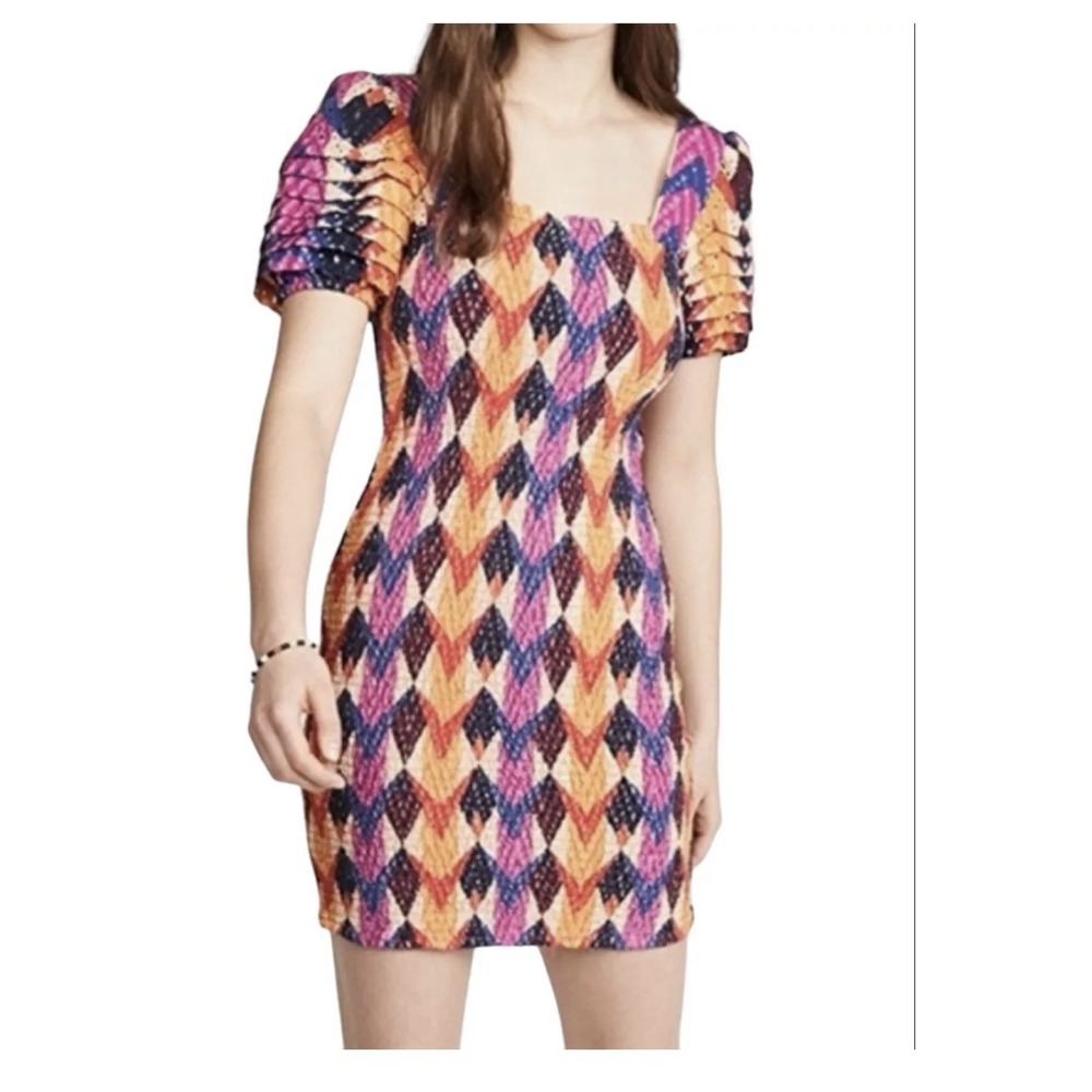 Farm Rio Medium Smocked Dress Lindeza Grafica Mini Dress Puff Sleeve Colorful